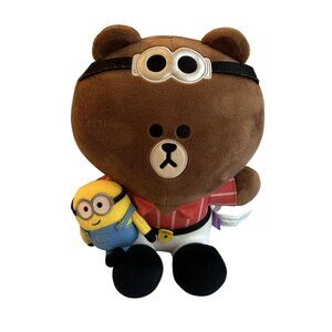 Line Friends Minions Collaboration Plush 10.5" Sitting Brown Bear With Minion Do